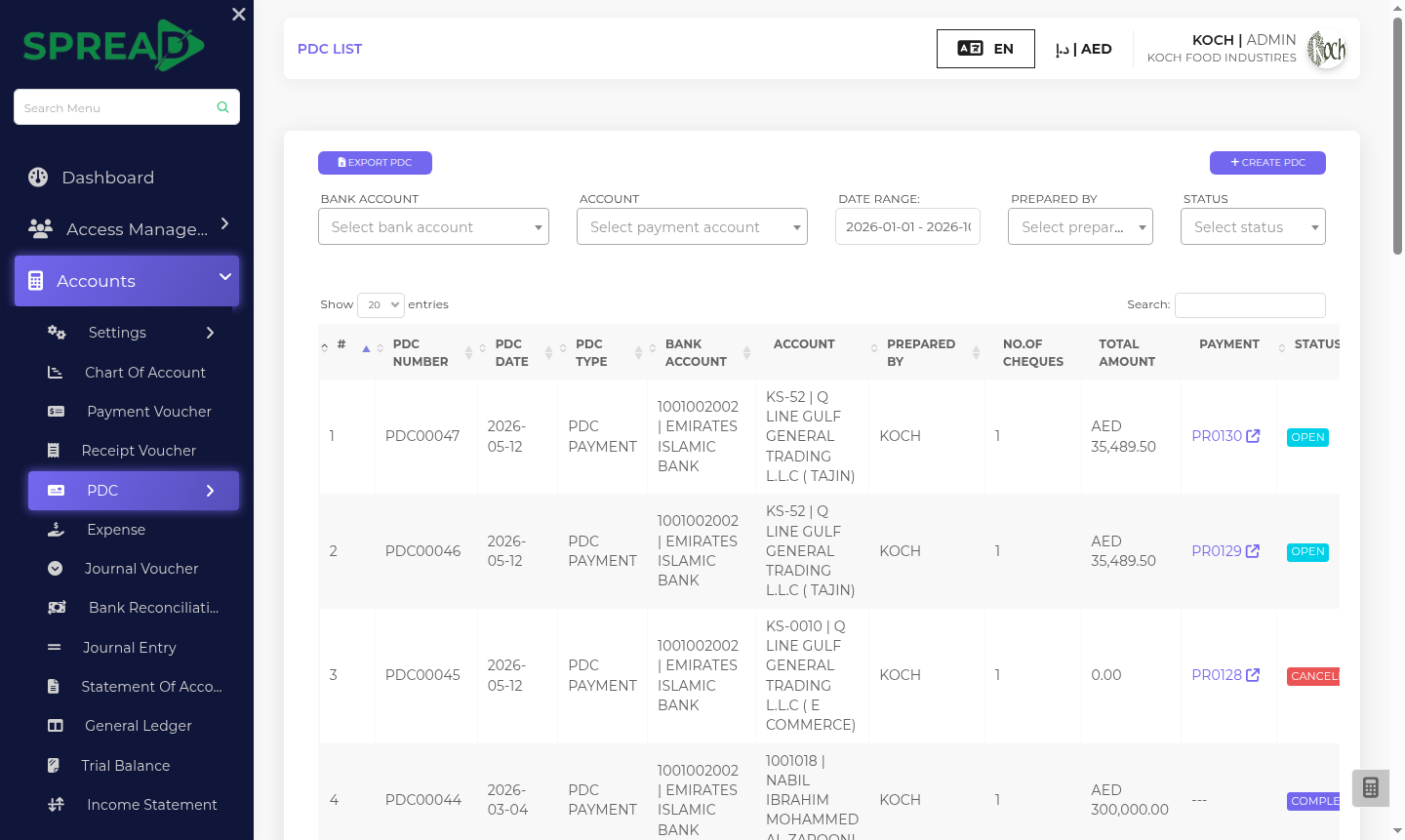 Manage cheques and payments — screen based on the Spread ERP demo