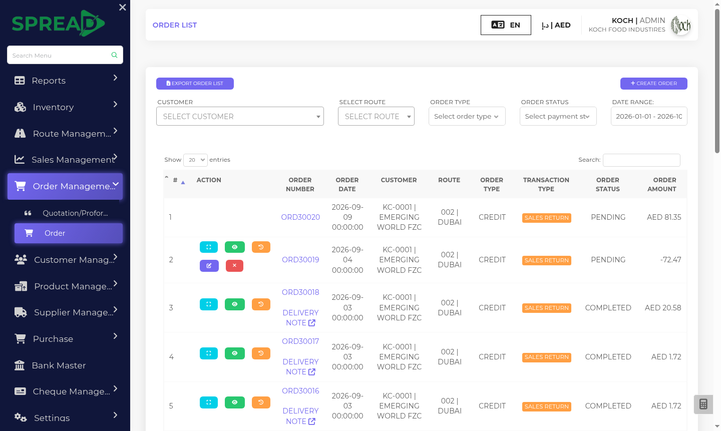 Distribution & wholesale — screen based on the Spread ERP demo