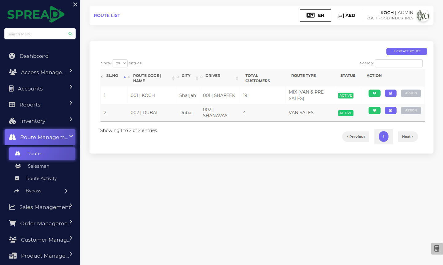Route and van sales — screen based on the Spread ERP demo