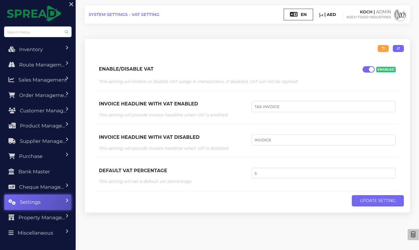 VAT and tax reporting — screen based on the Spread ERP demo